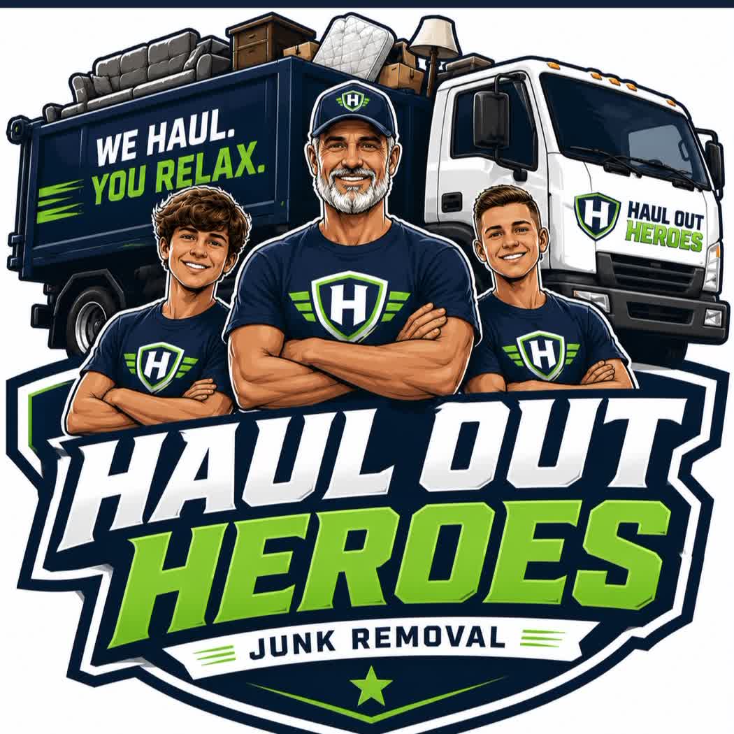 Haul Out Heroes — three team members in front of the junk removal truck